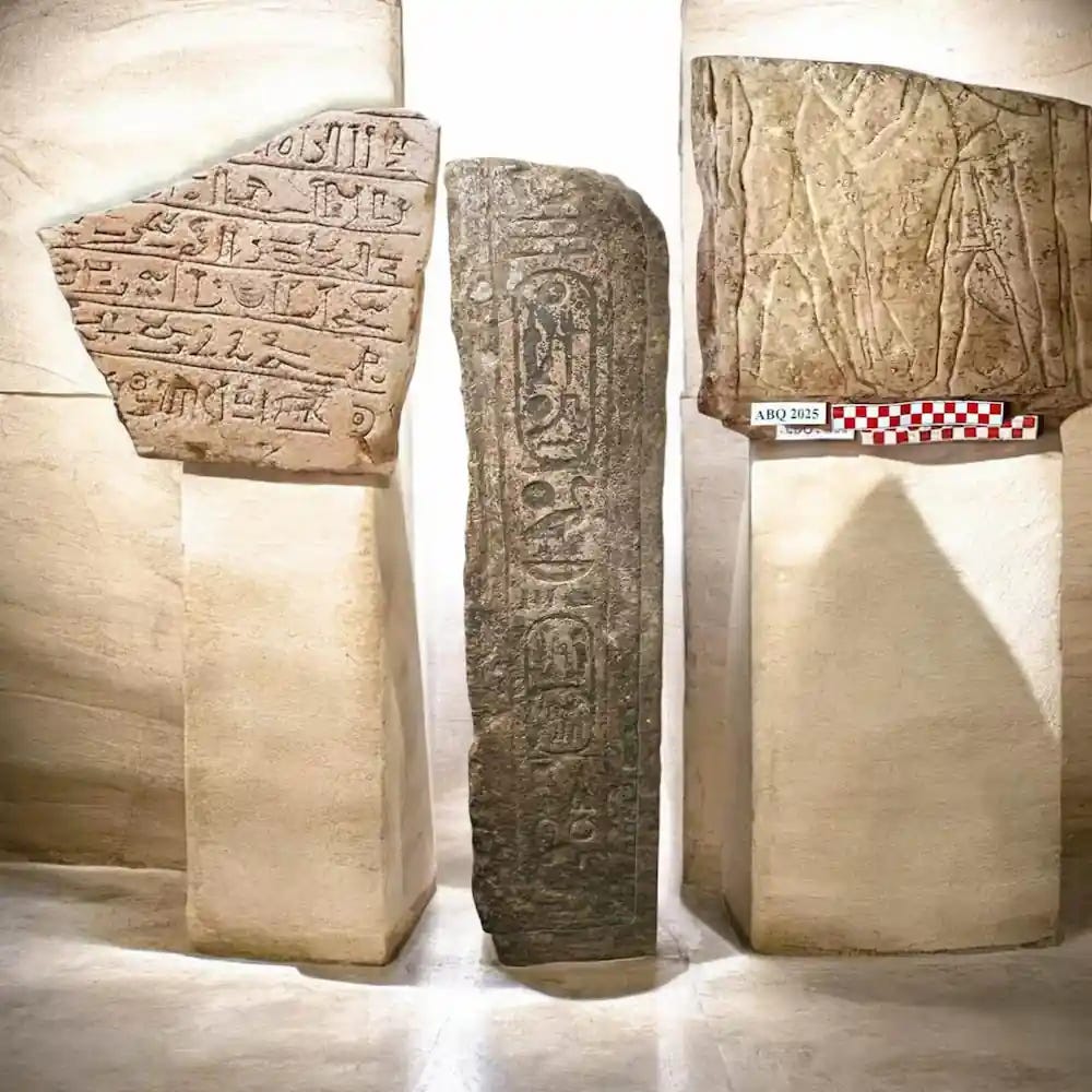 Inscribed stone stelae bearing ancient texts, uncovered during the archaeological excavations. Inscribed stone stelae bearing ancient texts, uncovered during the archaeological excavations.