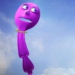 This may contain: a cartoon character flying through the air with a purple object in it's mouth