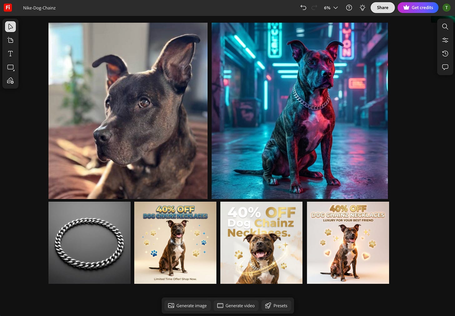 Adobe Firefly Boards workspace showing complete marketing campaign for ‘Dog Chainz Necklaces’ with real dog photo transformed into cyberpunk concept art and four promotional ad variations featuring readable text ‘40% OFF DOG CHAINZ NECKLACES’ in different layouts