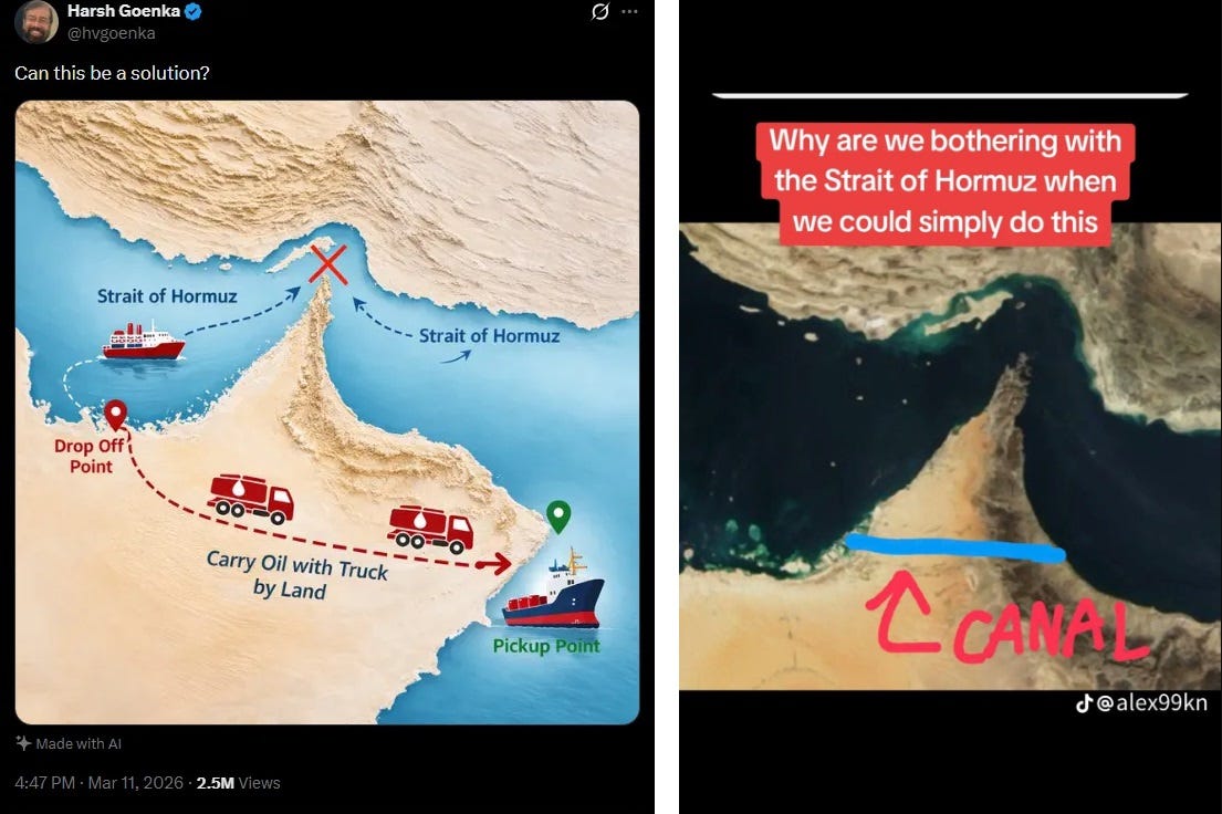 Left: Screenshot of a tweet with the caption 'Can this be a solution?' Image shows a map of the Strait of Hormuz, with a diagram proposing that oil tanker ships could simply unload their oil at a port into tanker trucks, which would then drive across the UAE and Oman (ignoring a mountain range) then load the oil back onto ships waiting in the Arabian Sea. Right: retweet of a Tiktok screenshot with the text 'Why are we bothering with the Strait of Hormuz when we could simply do this' and a big blue line representing a canal, also crossing the UAE and Oman and magically not being affected by the mountains. 