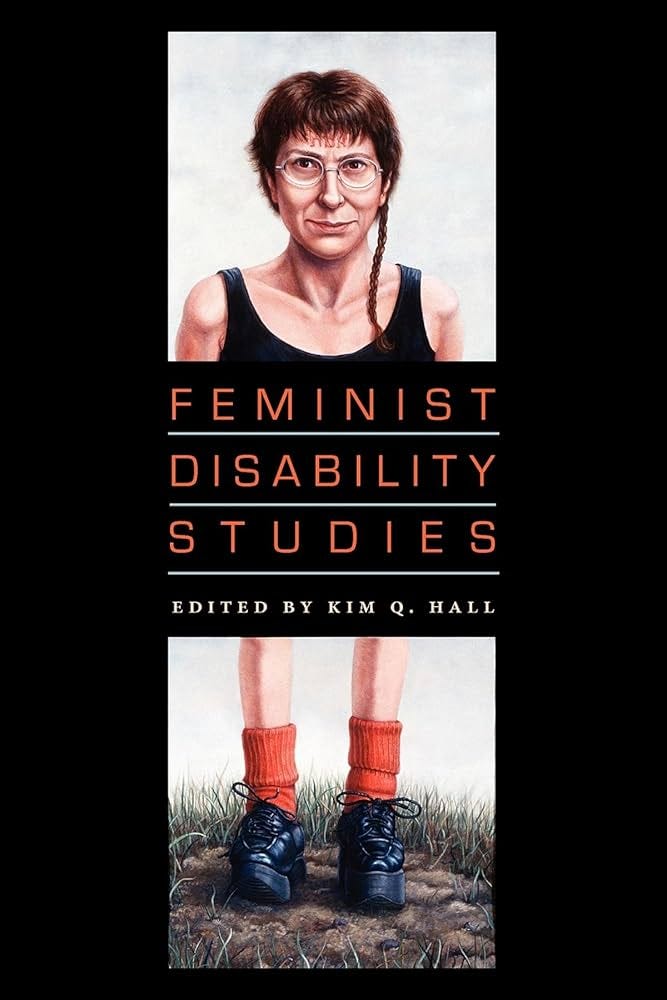 Left: Black women wearing glasses and a purple dress holds a copy of book titled Black Disability Politics. Right: A person wearing a black top and orange socks stands before the title of the book Feminist Disability Studies.
