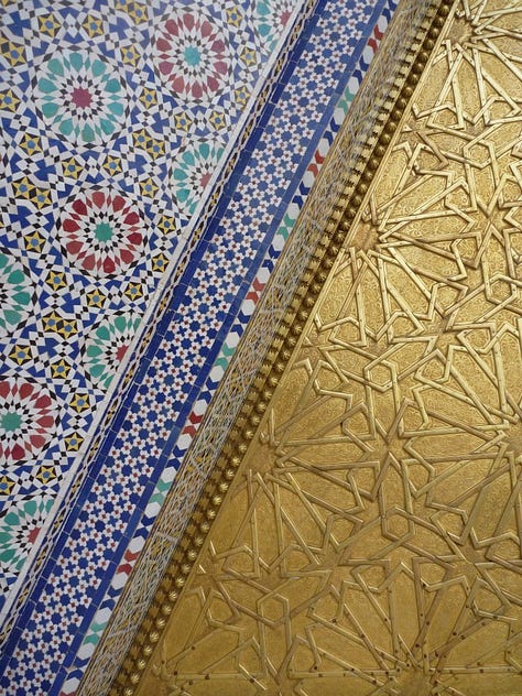 Three photos from Morocco: 1- Gold embossed design next to intricate bright tilework on a wall. 2- bright blue and white walls with an arched window painted with a yellow frame. 3- a gorgeous arched double doorway with light streaming through to shine on a detailed tile floor.