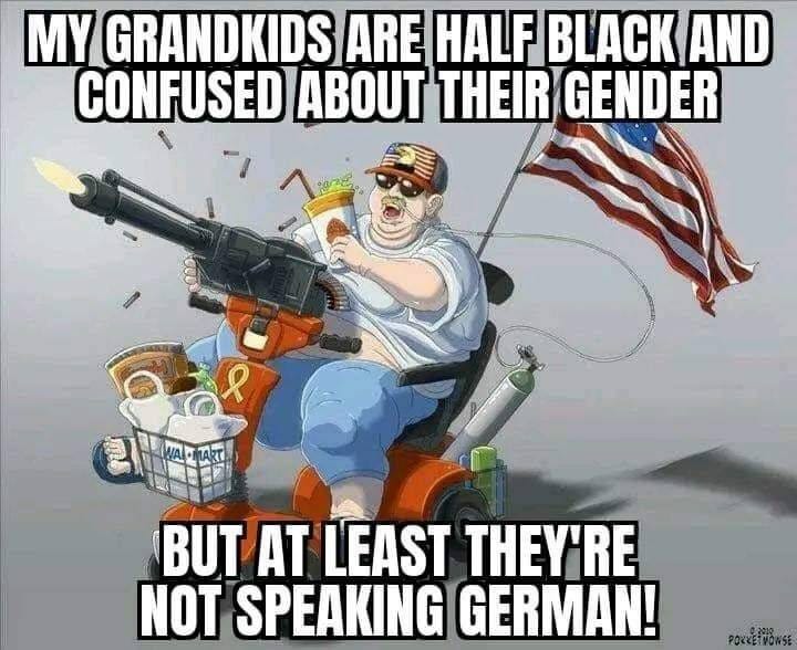 May be an image of 1 person and text that says 'MY GRANDKIDS ARE HALF BLACK AND CONFUSED ABOUT THEIR GENDER BUT AT LEAST THEY'RE NOT SPEAKING GERMAN!'