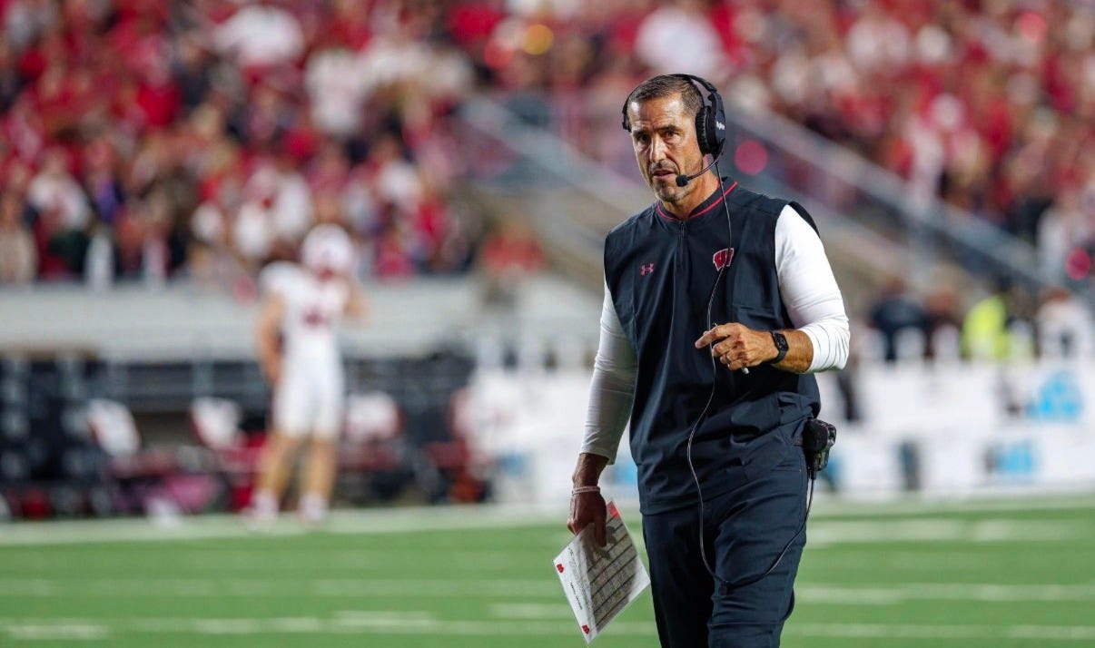 Wisconsin Badgers head football coach Luke Fickell walks the sideline during a game. Wisconsin Badgers head football coach Luke Fickell walks the sideline during a game.
