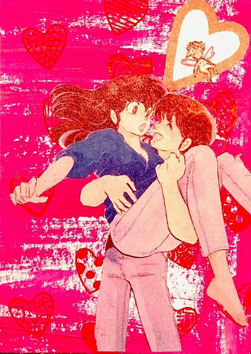 Le fond du collage est du papier d'imprimante sur laquelle a été étalée de la peinture rose. Des coeurs remplis de motifs différents ont été dessinés au liner rouge. Au centre est collé une image de manga où l'on voit un personnage en porter un autre dans ses bras à la manière de jeunes mariés qui entrent pour la première fois dans leur logement. Un cupidon dans un coeur a été collé en haut à droite du couple.