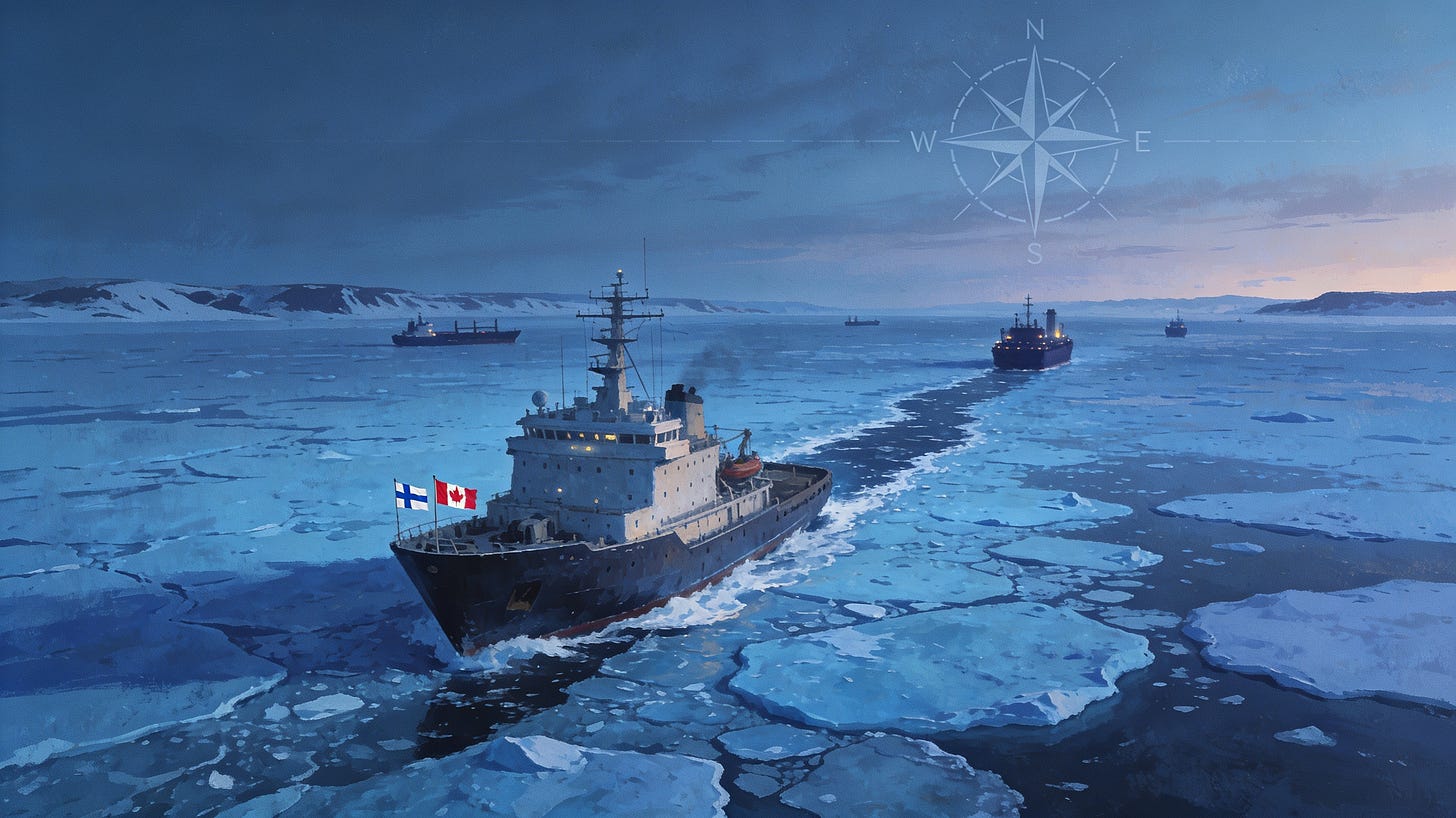 Arctic icebreaker with Canadian and Finnish flags leading past distant tankers.