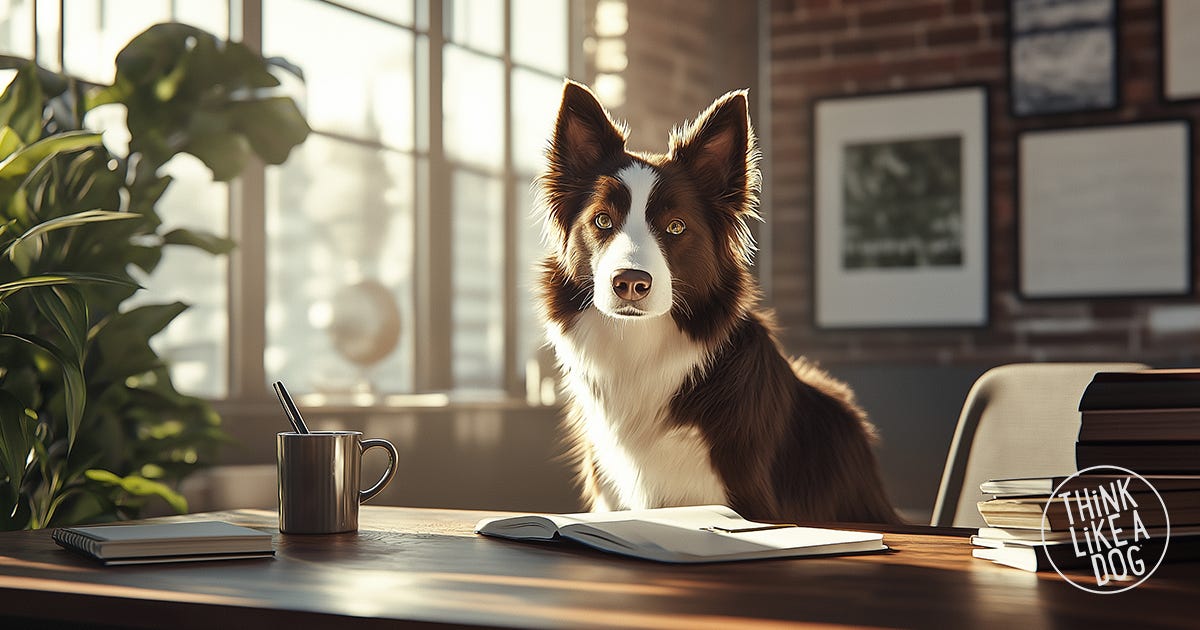 Focused Border Collie sitting at a desk with an open notebook and coffee mug, ready to work. A THiNK LiKE A DOG moment of determination, learning, and mindfulness.