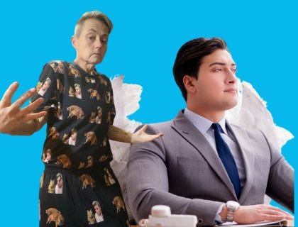 Masc person wearing cat pajamas, venture capitalist with wings Masc person wearing cat pajamas, venture capitalist with wings