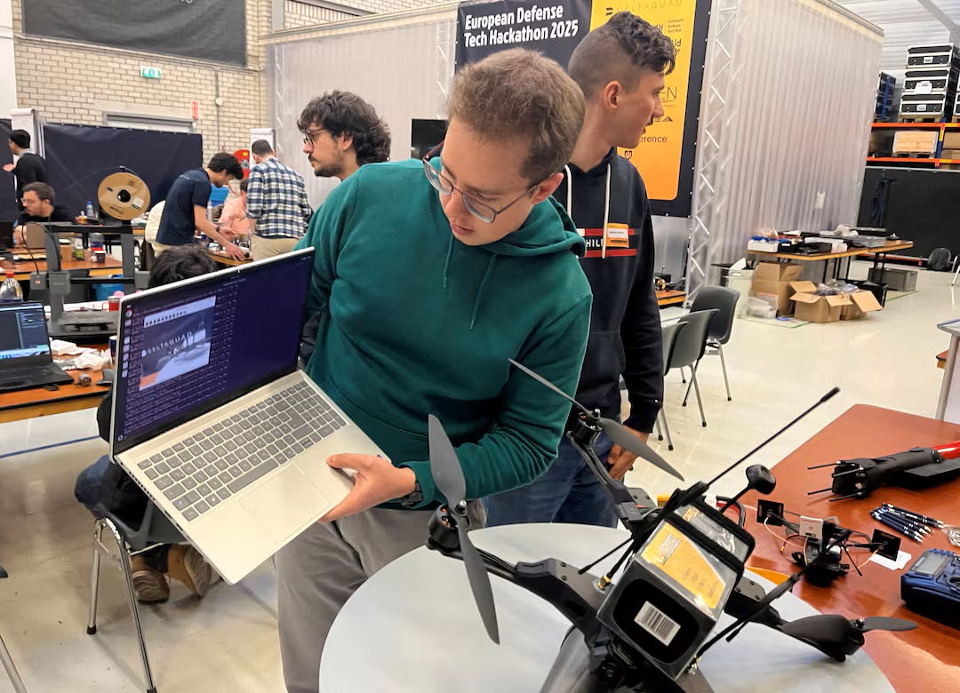 Startup engineers collaborating on drone technology at the European Defense Tech Hackathon 2025