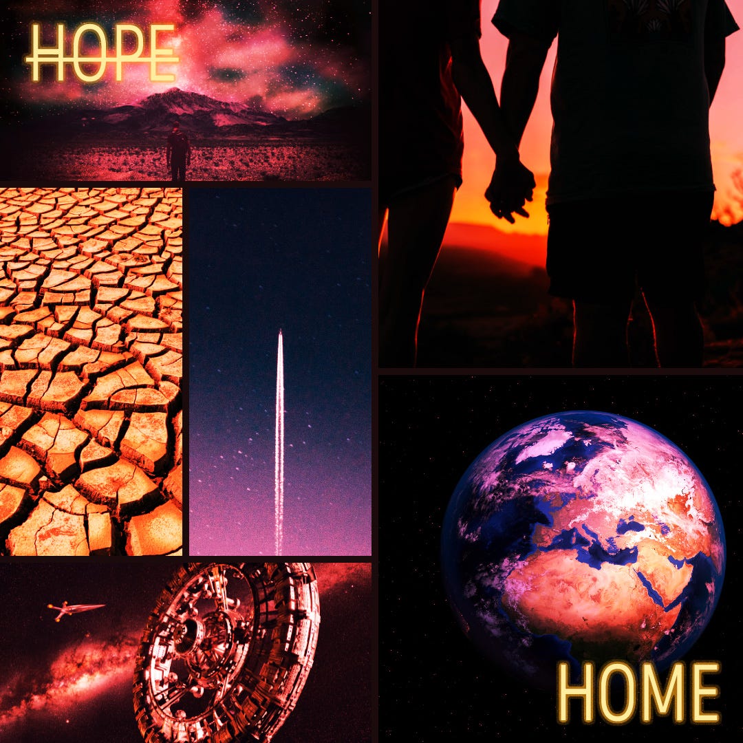 Moodboard for The Gravity of Hope, a queer sci-fi romance, consists of a few images: a desert landscape, Earth from space, a spacecraft, two man holding hands, the word hope crossed out, the word home written over the Earth as seen in space. Moodboard for The Gravity of Hope, a queer sci-fi romance, consists of a few images: a desert landscape, Earth from space, a spacecraft, two man holding hands, the word hope crossed out, the word home written over the Earth as seen in space.