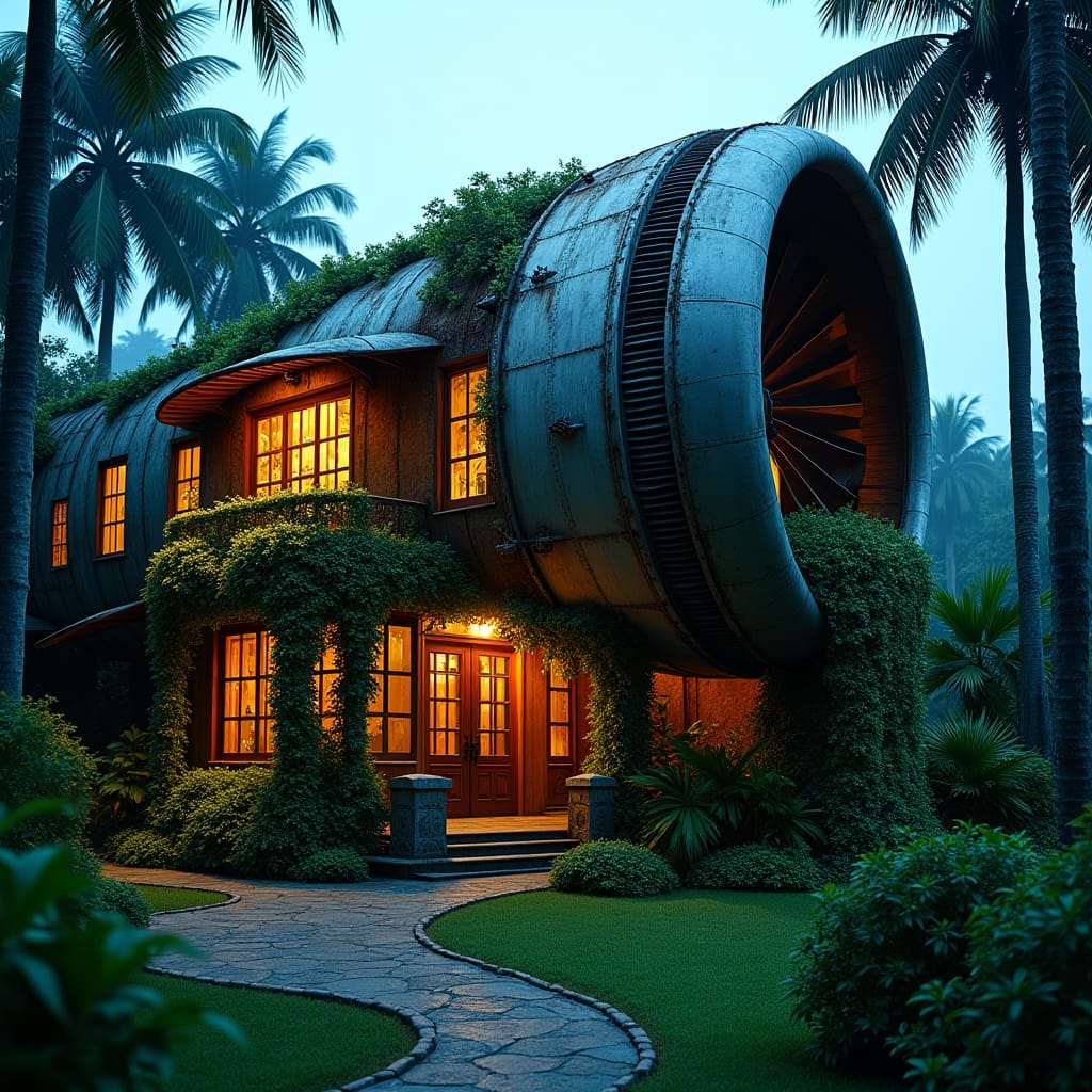 Modern Jamaican home with rustic wooden accents and vibrant island colors, shaped like a massive airplane engine, with propellers transformed into spinning wind turbines, set against a lush, misty mountain backdrop.