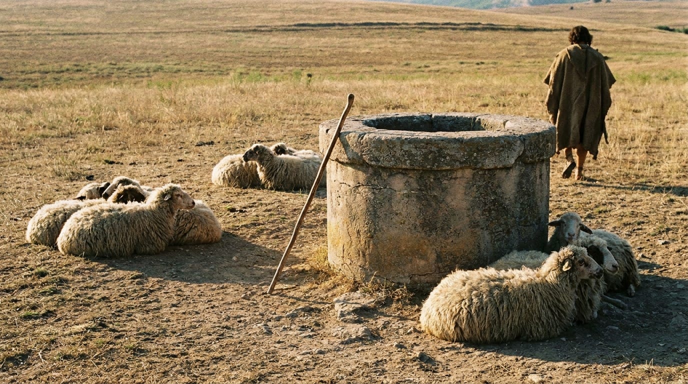 A stone-capped well in open pastureland at late afternoon, three small flocks of sheep resting nearby, a traveller's wooden staff leaning against the round well stone, no text, no faces A stone-capped well in open pastureland at late afternoon, three small flocks of sheep resting nearby, a traveller's wooden staff leaning against the round well stone, no text, no faces
