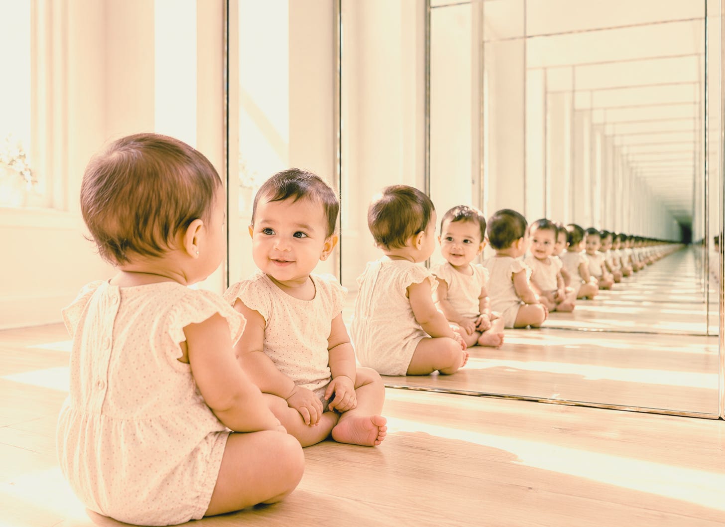 A baby looks into a row of mirrors
