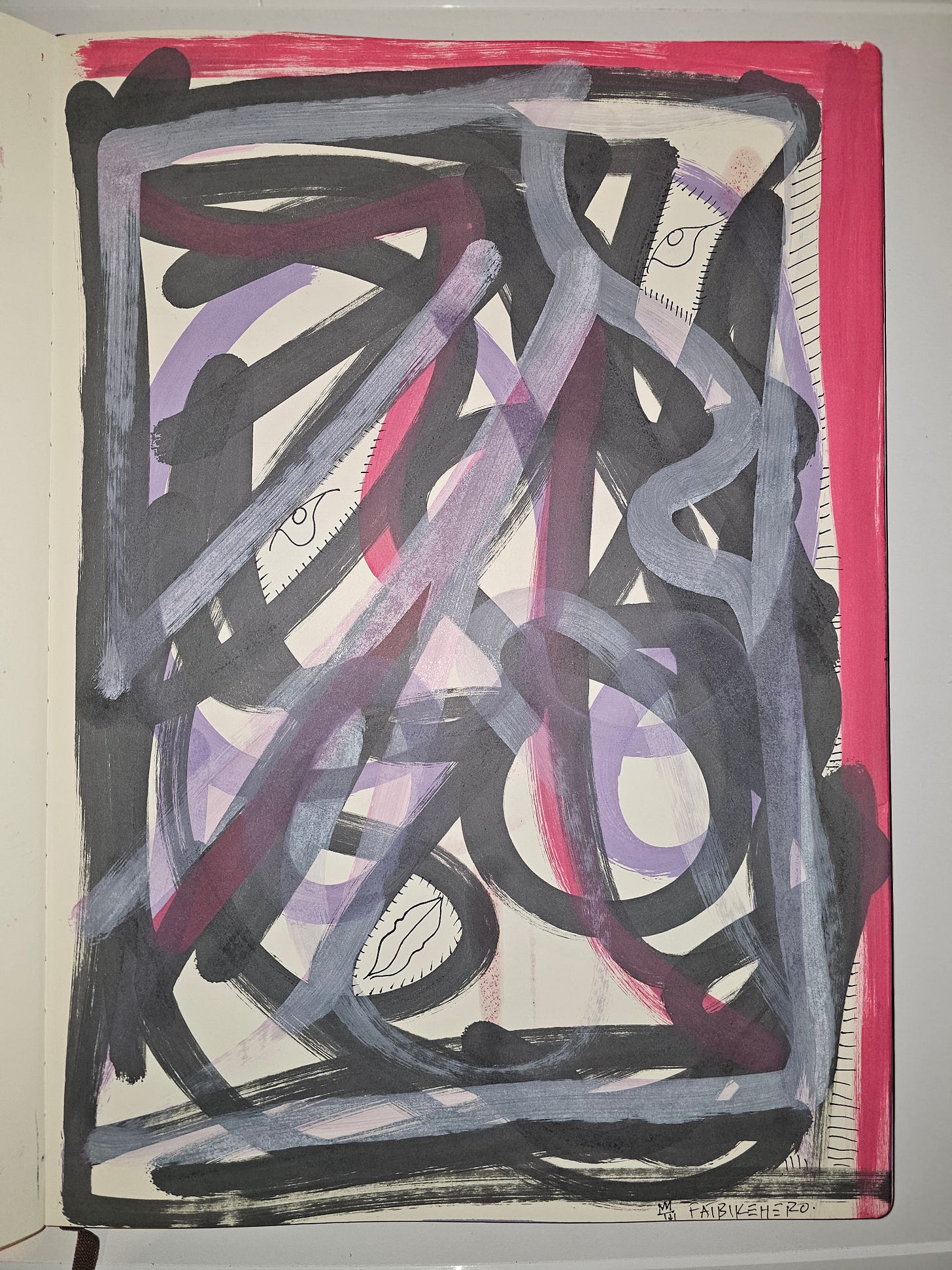 Alt Text: Abstract painting by FatbikeHero titled The Face Inside the A.I. Matrix, featuring grey and purple brushstrokes with hidden eyes and lips on paper, created in 2026. Alt Text: Abstract painting by FatbikeHero titled The Face Inside the A.I. Matrix, featuring grey and purple brushstrokes with hidden eyes and lips on paper, created in 2026.