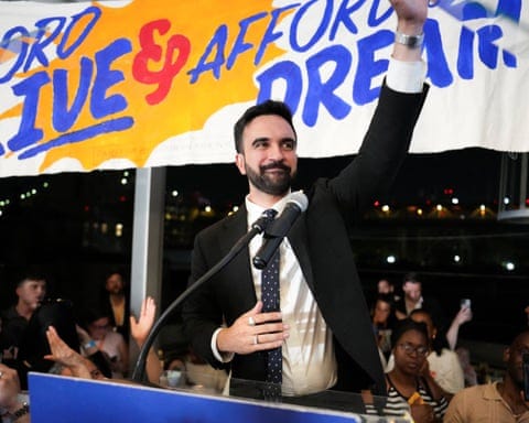 New York City Primary Election Night<br>Zohran Mamdani gestures as he speaks during a watch party for his primary election, which includes his bid to become the Democratic candidate for New York City mayor in the upcoming November 2025 election, in New York City, U.S., June 25, 2025. REUTERS/David 'Dee' Delgado