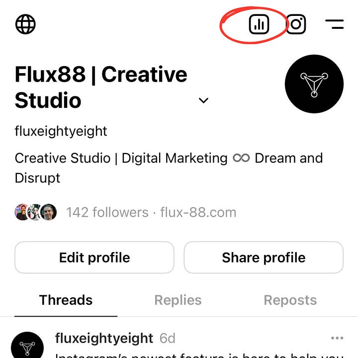 A screenshot of the Threads UI showing where to find insights