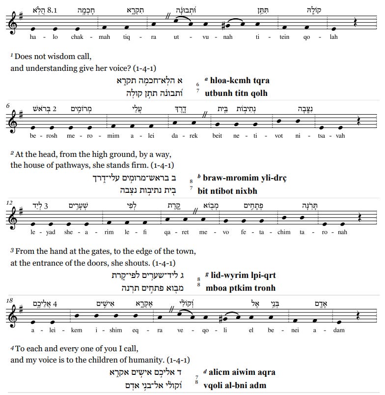 Proverbs 8:1-4 musical score based on the te'amim