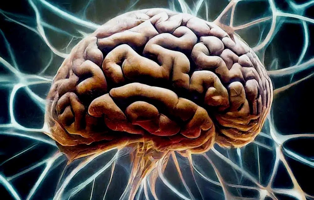 An artistic representation of the human brain shows the prefrontal cortex and linked neurons firing electrical impulses.