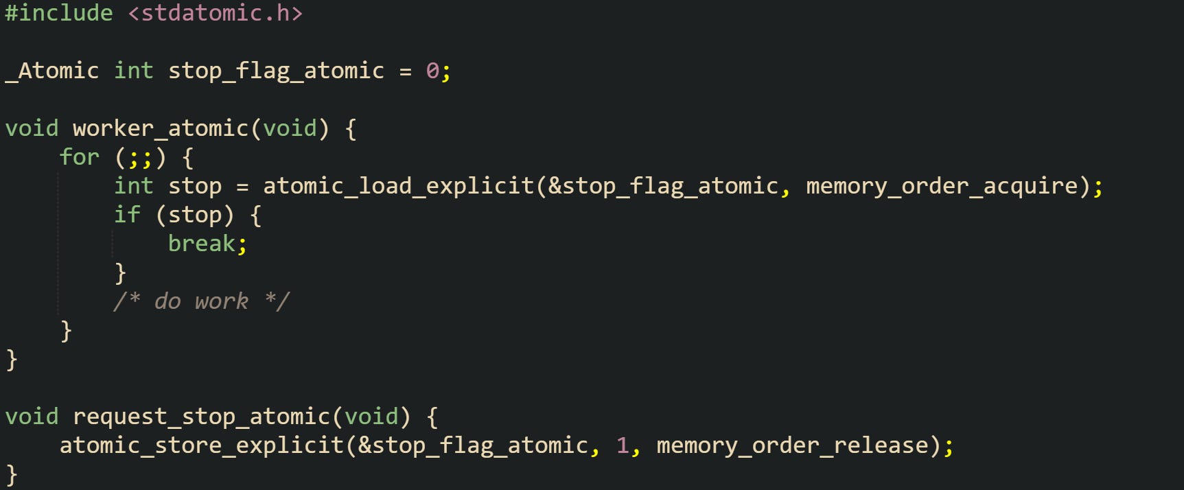 #include <stdatomic.h>  _Atomic int stop_flag_atomic = 0;  void worker_atomic(void) {     for (;;) {         int stop = atomic_load_explicit(&stop_flag_atomic, memory_order_acquire);         if (stop) {             break;         }         /* do work */     } }  void request_stop_atomic(void) {     atomic_store_explicit(&stop_flag_atomic, 1, memory_order_release); }