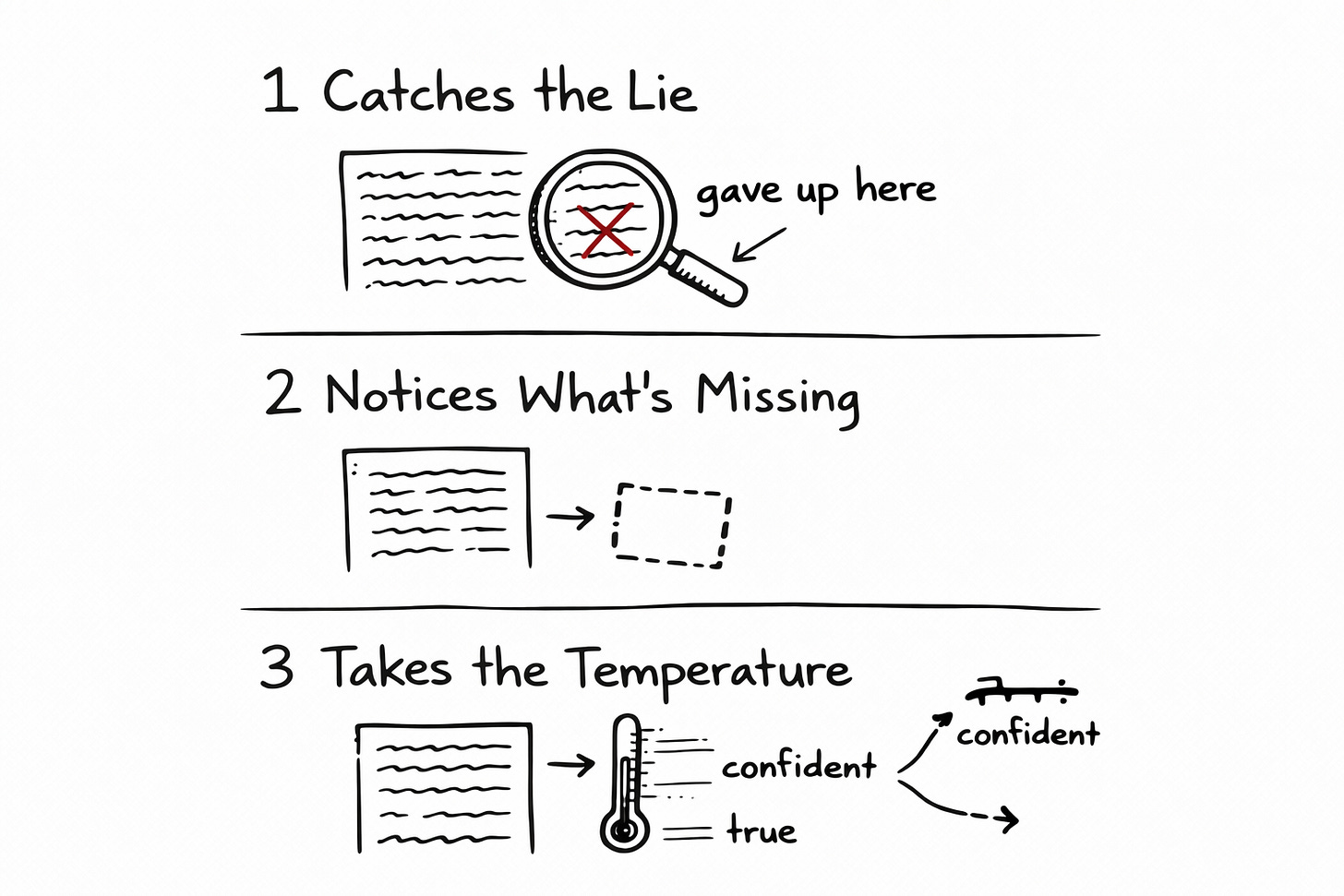 Three-panel illustration showing what a developed palate does: panel one shows a magnifying glass catching where a draft gave up, panel two shows a draft pointing to a missing piece, panel three shows a thermometer reading the difference between confident and true Three-panel illustration showing what a developed palate does: panel one shows a magnifying glass catching where a draft gave up, panel two shows a draft pointing to a missing piece, panel three shows a thermometer reading the difference between confident and true