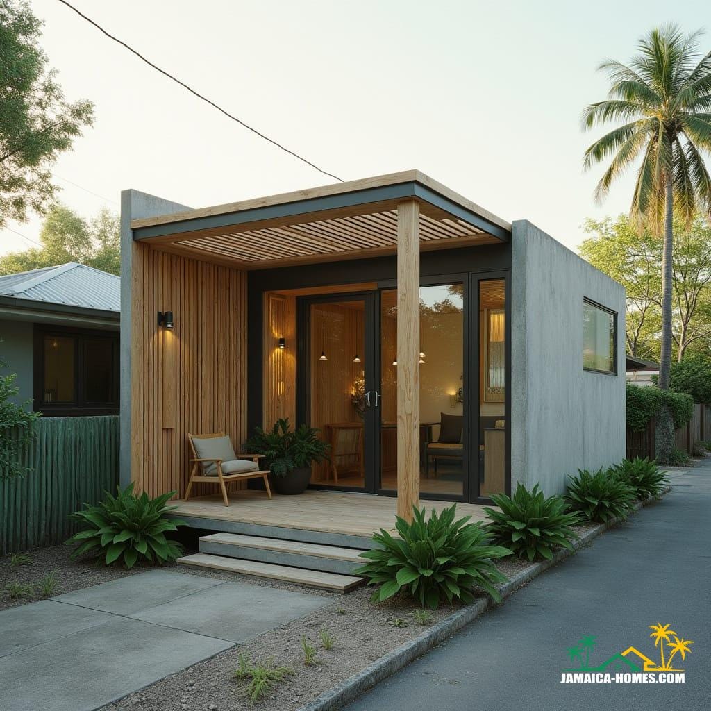 Kingston Minimalist Micro Home
Design: Single 20-ft module with front timber pergola and small patio.
Materials: Concrete, steel, glass, timber for outdoor area.
Features: Rainwater harvesting, solar panels, thin vertical windows, ventilated roof.
Environment: Small urban lot, paved streets, tropical sunlight.
Style Notes: Compact, ultra-modern, sustainable, cozy but stylish.