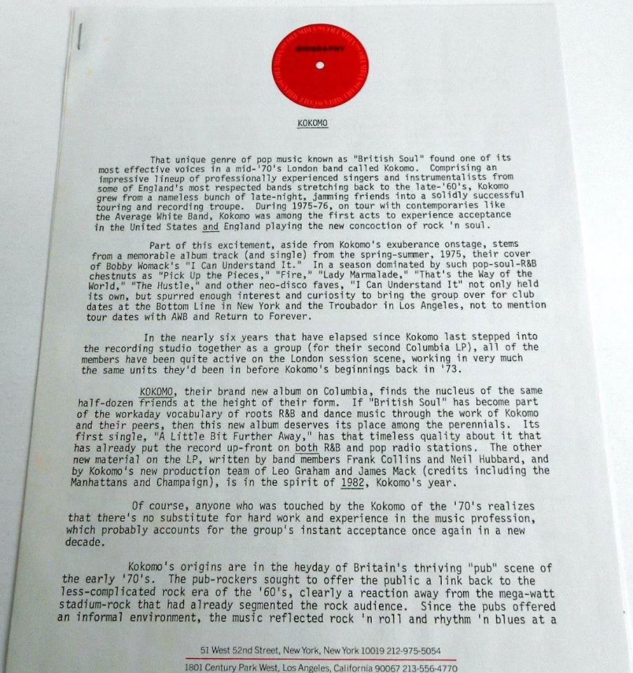 Kokomo album US press release, 1982