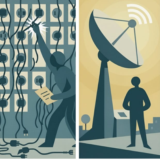 The reactive 'prompt-plugging' (left) is a complex, tactical scramble, like trying to plug a single wire into a chaotic switchboard. The proactive 'agenda-setting' (right) is about building a single, authoritative source that clearly defines and broadcasts its signal.