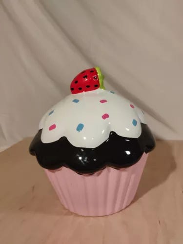 Large Ceramic Frosted Cupcake with Strawberry Top Coin Bank Vintage Birthday - Picture 1 of 4 Large Ceramic Frosted Cupcake with Strawberry Top Coin Bank Vintage Birthday - Picture 1 of 4