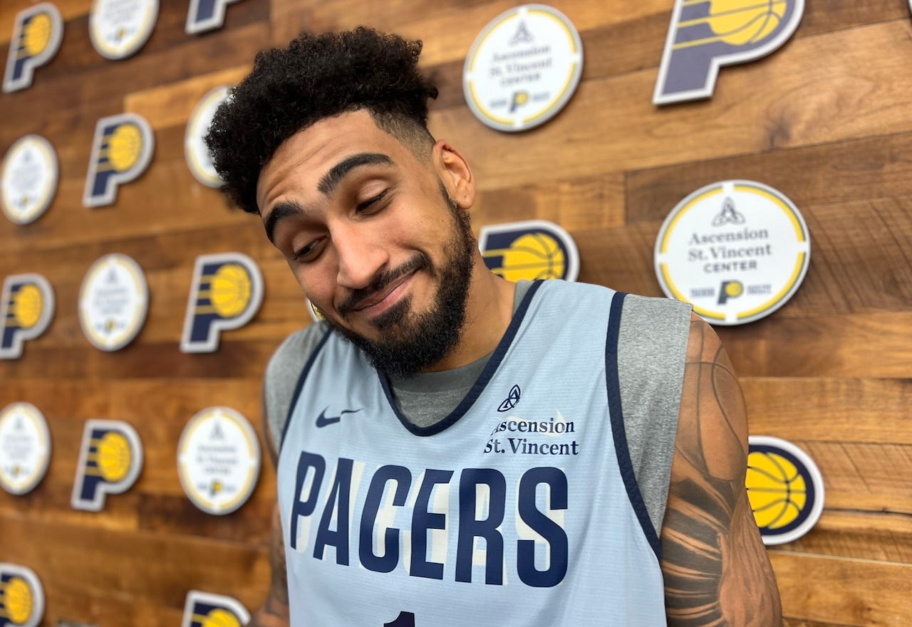 Obi Toppin with a playful reaction after practice No. 2.