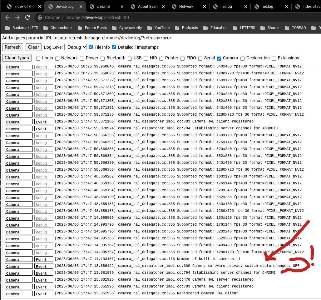 This image illustrates the camera-related Device log entries that motivated me to ask for feedback from the Chromebook Google Communities. A log entry generated soon after I powered on the machine indicates the camera's software privacy switch state changed to OFF.  Also, two other log entries inform that server channels related to the camera have been established for Chrome and Android. The post was locked and marked as a duplicate of a Wi-Fi related question.