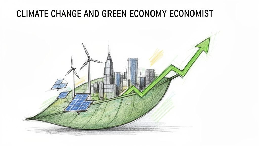 A city skyline with renewable energy like solar panels and wind turbines on a green leaf, with an upward arrow.