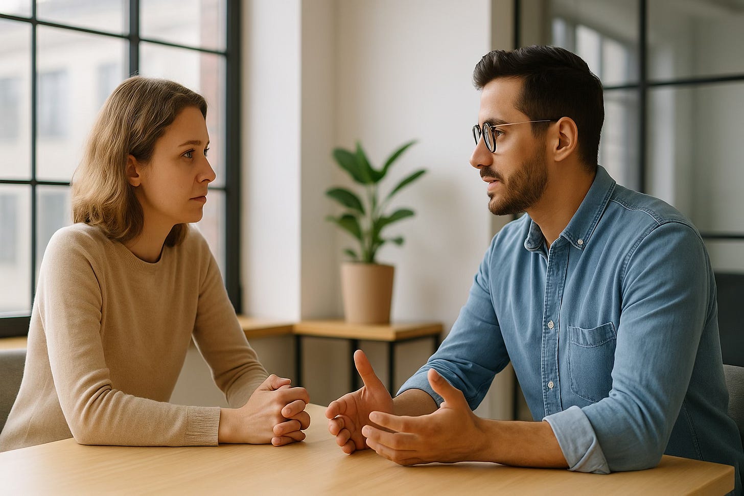 Two colleagues engaged in an open, thoughtful conversation across a table in a modern office. Two colleagues engaged in an open, thoughtful conversation across a table in a modern office.