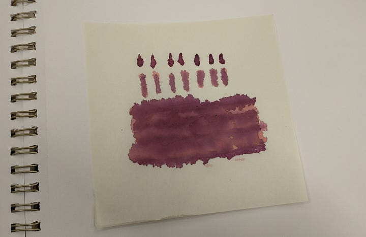 Photo of two ink paintings of a pinky purply birthday cake, one is wet, one is dry