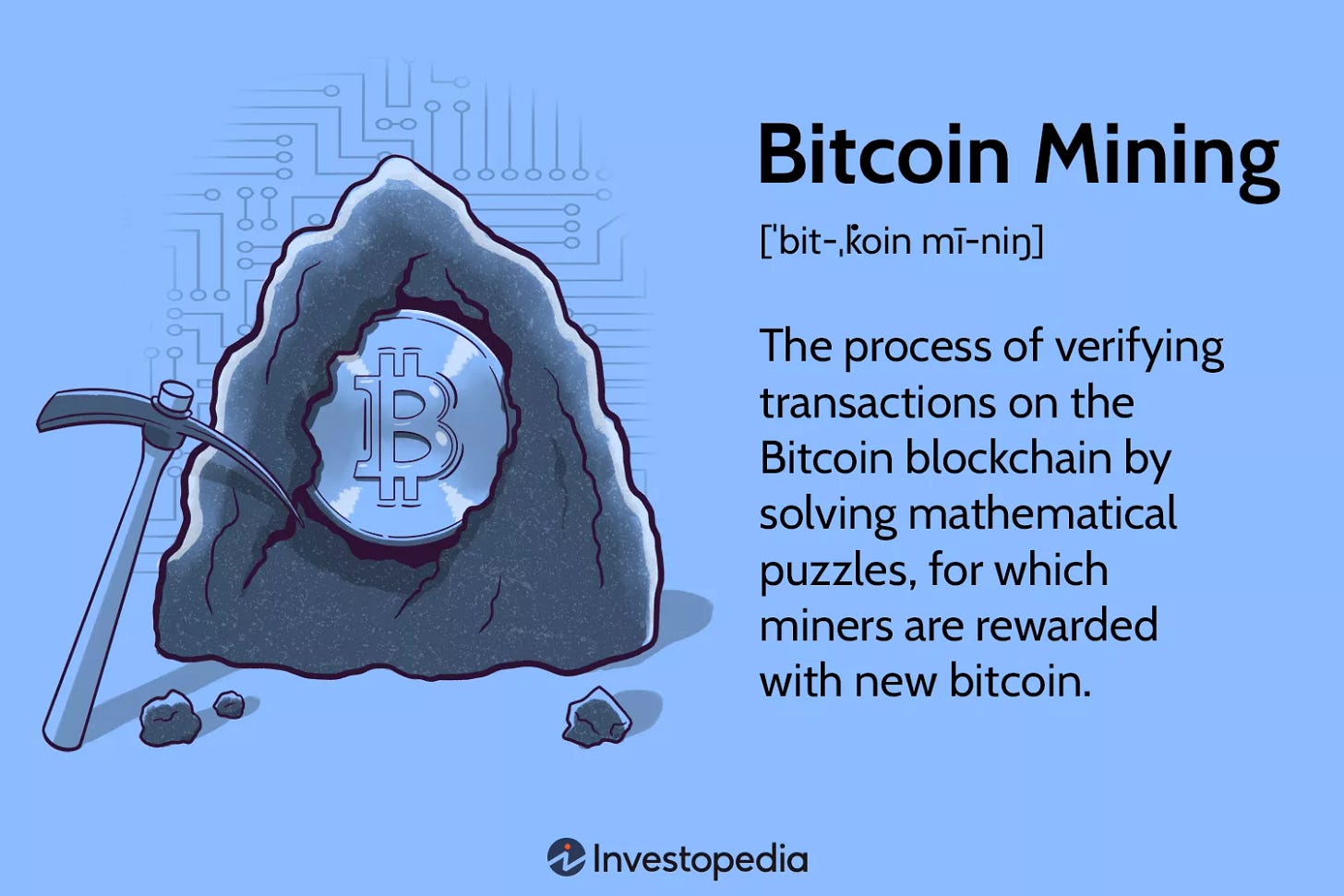 Illustration about Bitcoin mining featuring a bitcoin logo embedded in a rock being extracted with a pickaxe accompanied by an explanatory text