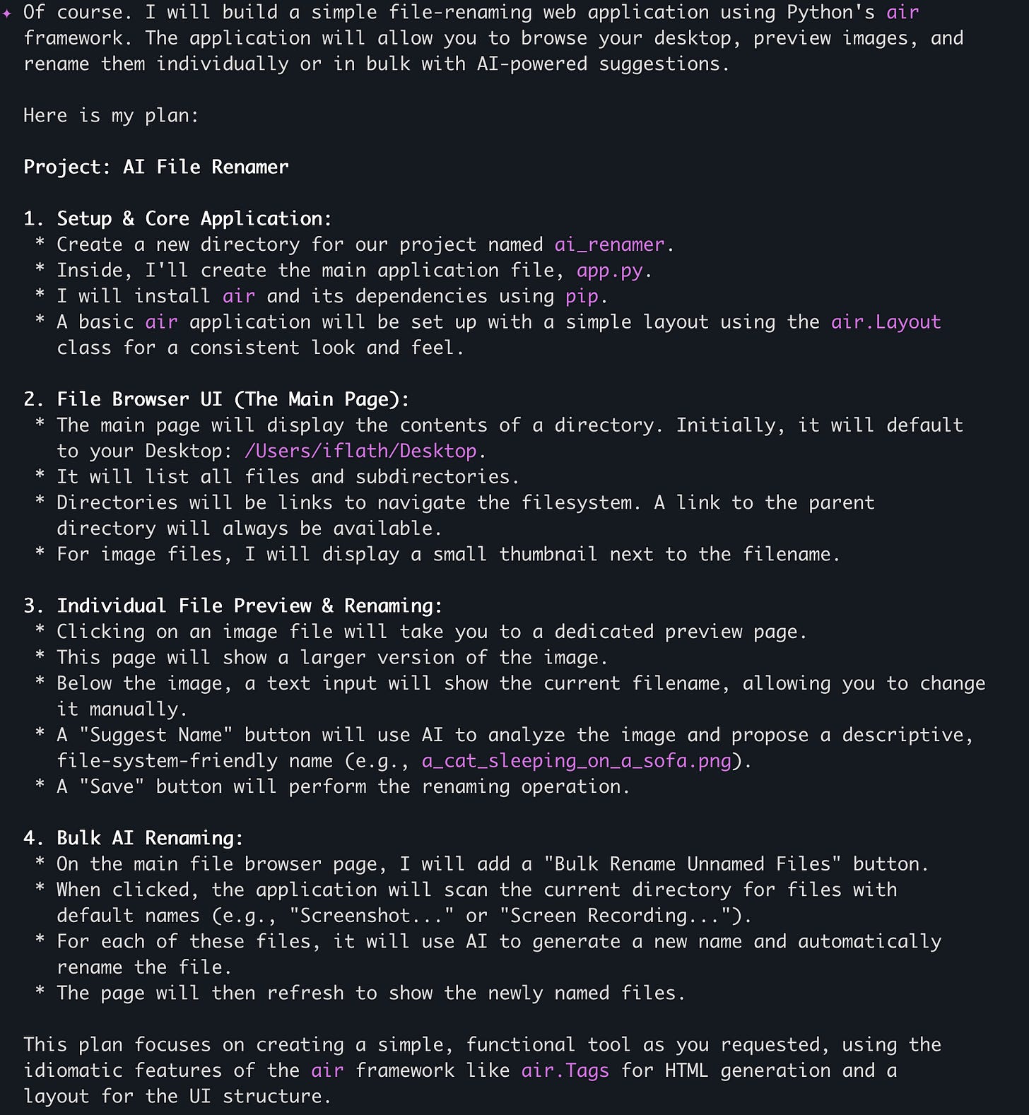 The AI's plan for the file renamer application The AI's plan for the file renamer application