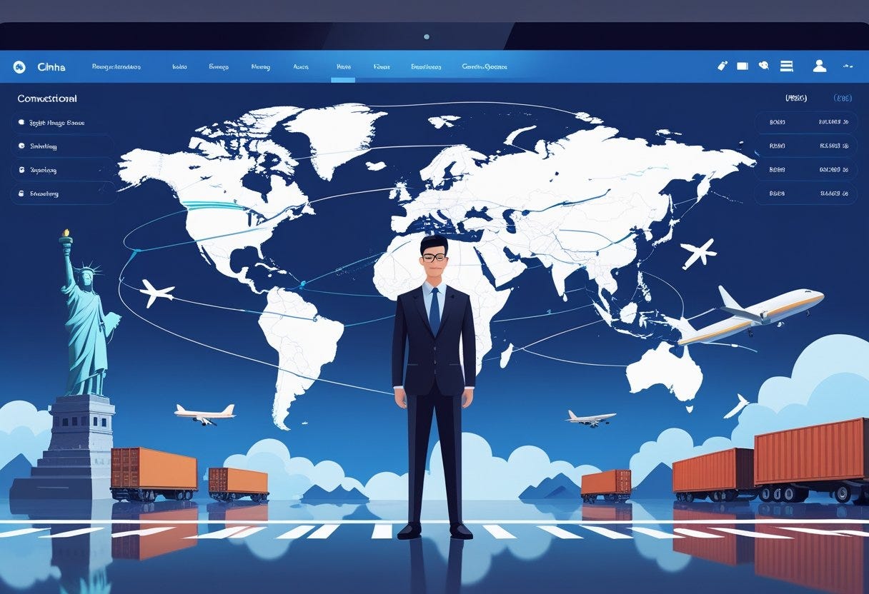A businessperson stands before a world map showing a shipping route from China to the USA, surrounded by cargo ships, airplanes, trucks, and landmarks representing both countries.