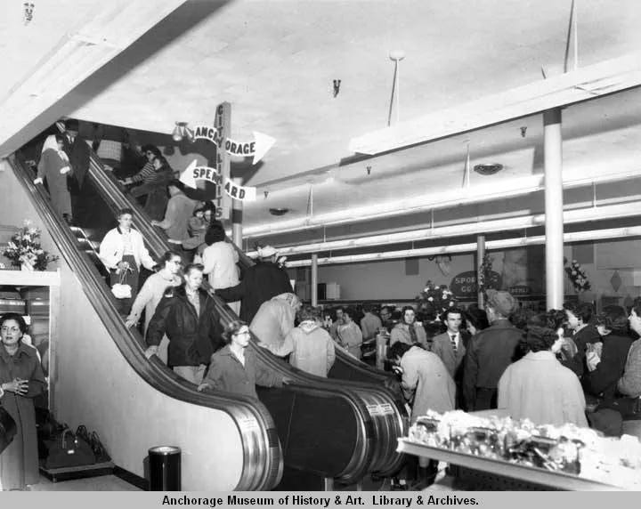 First Escalator in Anchorage, Alaska. 1961. Photo by Ward Wells.