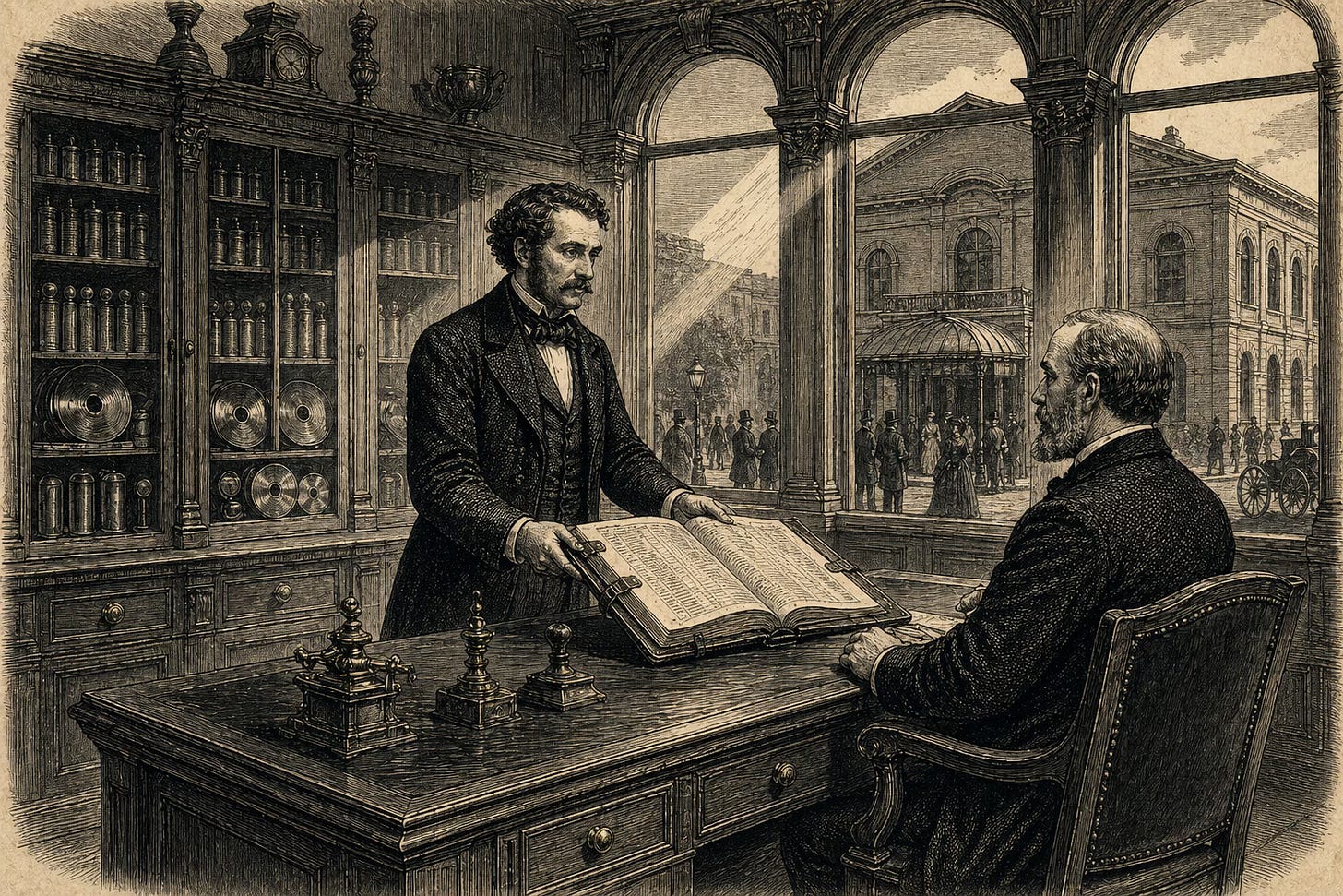 Wood-engraving editorial illustration in the Thomas Nast Harper's Weekly style for Attention Capital. A musician presents a bound credit file to a Victorian-era banker in an investment office, flanked by tall wooden cabinets holding rows of audio recording cylinders representing a century of music royalty data infrastructure. Outside the arched windows, a concert hall is visible. The image visualizes the 1997 Bowie Bonds precedent: David Bowie's $55 million royalty securitization with Prudential, the foundational deal that proved behavioral cash flow could be priced as credit, used in Attention Capital's argument that sports media rights are the next Bowie moment. Wood-engraving editorial illustration in the Thomas Nast Harper's Weekly style for Attention Capital. A musician presents a bound credit file to a Victorian-era banker in an investment office, flanked by tall wooden cabinets holding rows of audio recording cylinders representing a century of music royalty data infrastructure. Outside the arched windows, a concert hall is visible. The image visualizes the 1997 Bowie Bonds precedent: David Bowie's $55 million royalty securitization with Prudential, the foundational deal that proved behavioral cash flow could be priced as credit, used in Attention Capital's argument that sports media rights are the next Bowie moment.