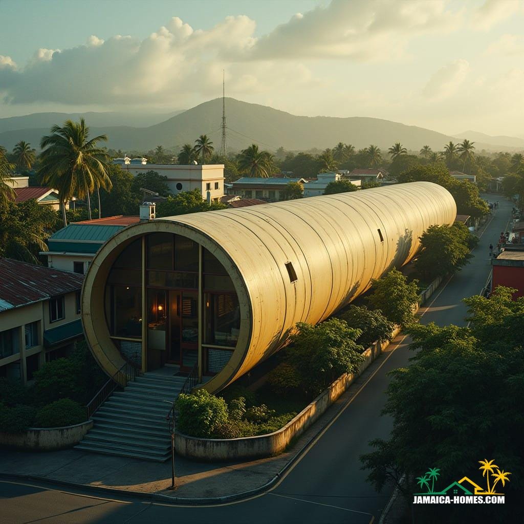  A majestic, elongated tube house, reminiscent of a rolling pin, stands proudly in the heart of Kingston, Jamaica, its circular, curved facade a striking feature against the vibrant Caribbean cityscape. Shot on a V-Raptor XL camera, the image exudes a cinematic quality, with a subtle film grain and vignette that adds depth and atmosphere. The color palette is rich and warm, with a golden hour glow that casts long shadows across the scene. The tube house's walls are adorned with lush greenery, and a few windows are thrown open, allowing a glimpse into the cozy interior. The surrounding cityscape is a blurred, colorful haze, with hints of bustling street life and lush tropical foliage. The overall effect is one of epic, cinematic grandeur, as if the viewer has stumbled into a dramatic, live-action film set. Inspired by the works of cinematographer Emmanuel Lubezki, with a nod to the atmospheric lighting of Roger Deakins, and the vibrant colors of Rachel Morrison, this image is a masterpiece of cinematic storytelling.