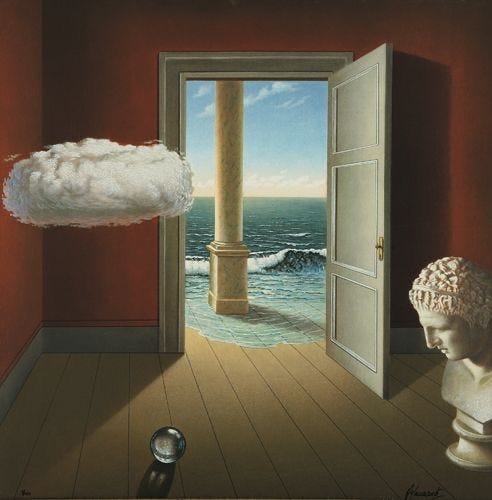 This may contain: an open door leading into a room with a statue in the doorway and a cloud hovering over it