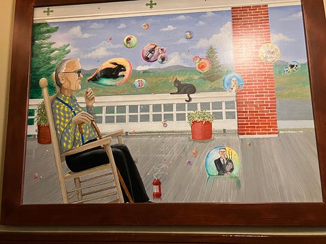 Fountain and front porch, paintings
