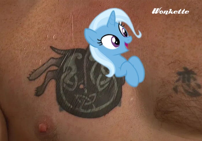 silly photoshop of the My Little Pony character Trixie Lulamoon over the chest tattoo of Graham Platner, replacing a Celtic doggo with a pastel blue unicorn. silly photoshop of the My Little Pony character Trixie Lulamoon over the chest tattoo of Graham Platner, replacing a Celtic doggo with a pastel blue unicorn.