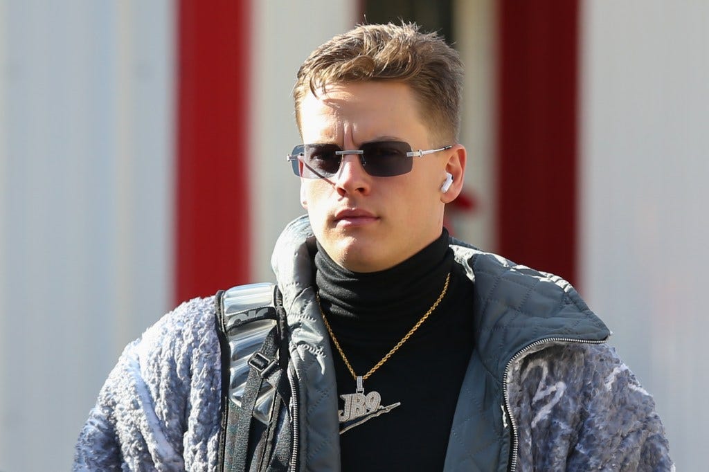 Joe Burrow enters Arrowhead Stadium in Kansas City on Jan. 30, 2022.