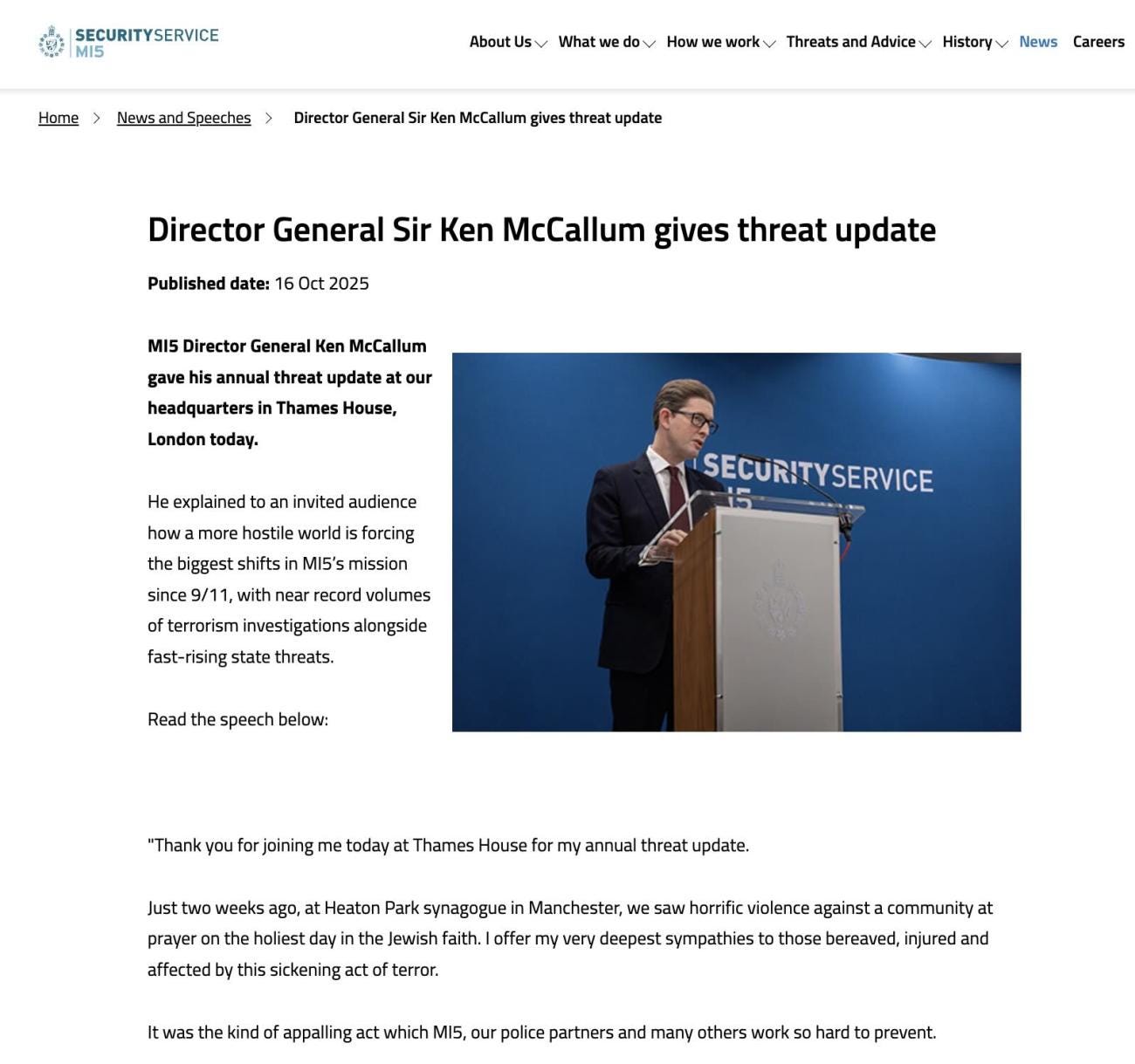 Ken McCallum of MI5 with a “threat update” Ken McCallum of MI5 with a “threat update”