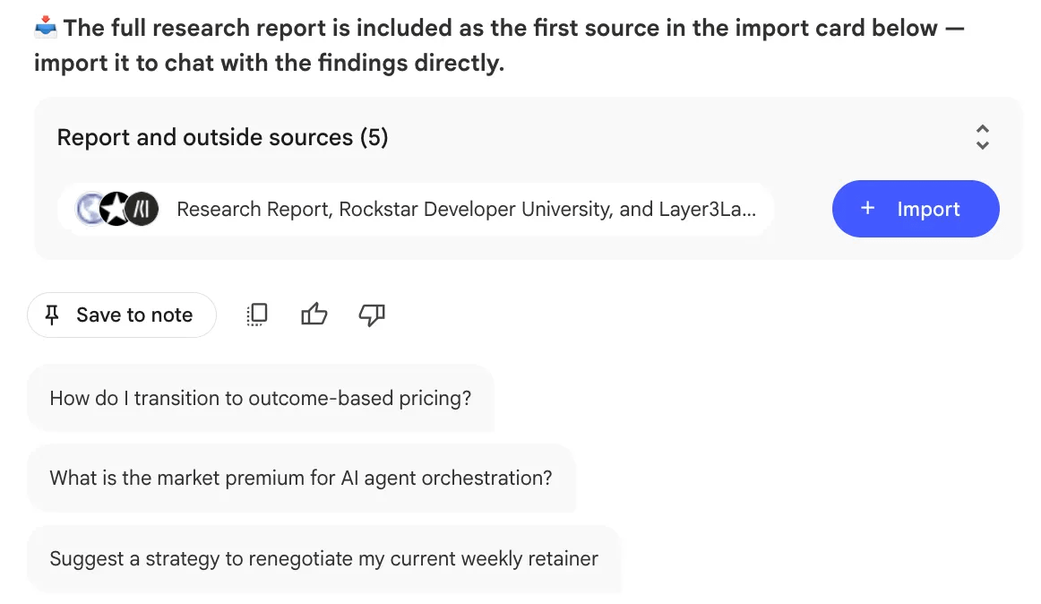 NotebookLM import card offering to add the research report and five outside sources to the notebook NotebookLM import card offering to add the research report and five outside sources to the notebook