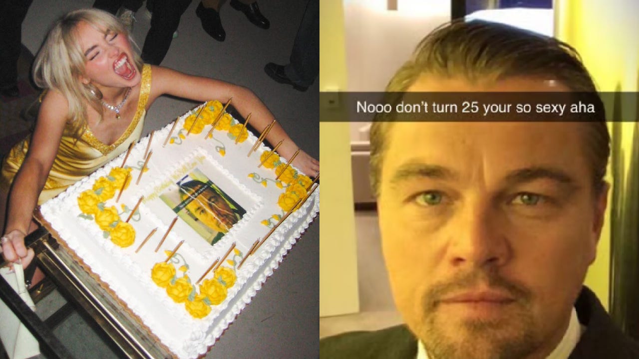 Sabrina Carpenter celebra 25 anos com bolo temático de Leonardo DiCaprio e  vira meme; entenda