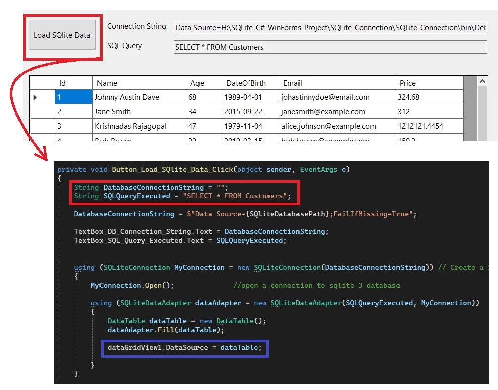 reading and writing into sqlite database using C# and winforms gui api reading and writing into sqlite database using C# and winforms gui api