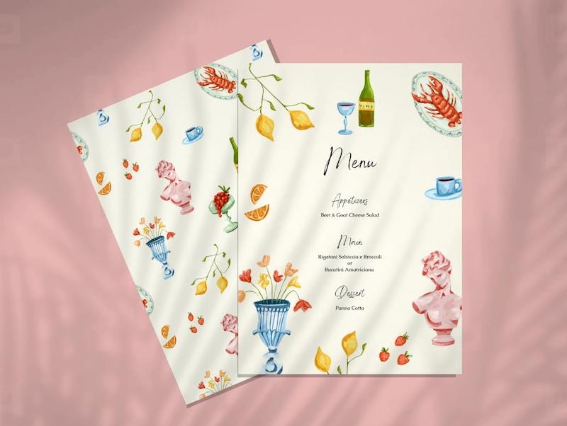 A colorful illustrated menu card with fruits and florals A colorful illustrated menu card with fruits and florals