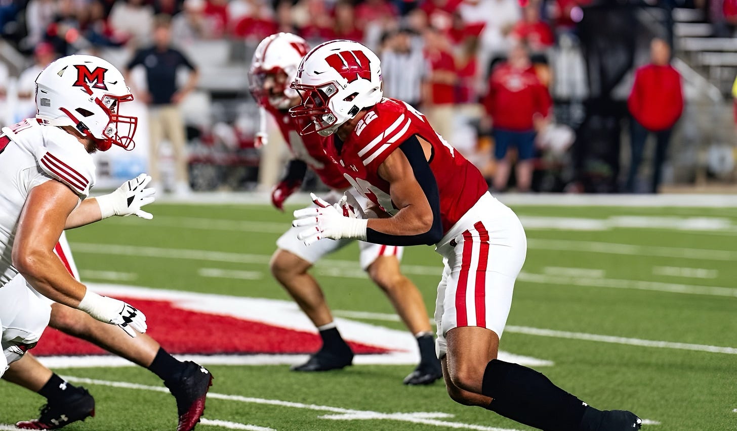 Wisconsin Badgers linebacker Mason Reiger rushes the passer against Miami (OH). Photo credit: UW Athletics.