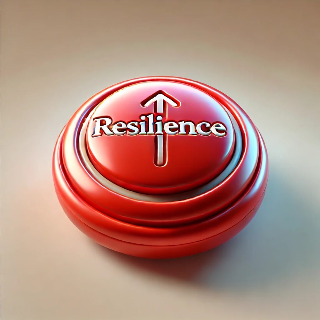 A bright, glossy red button in a playful, cartoonish style, similar to the Staples 'Easy Button' but without any branding. The button has a 3D, raised look with soft shadows and a subtle gradient to give it depth. The word 'Resilience' is boldly displayed in the center in white, modern sans-serif lettering, slightly curved to match the button’s contours. The background is minimalistic with a neutral, soft gradient to keep the focus on the button. Optionally, the design includes a subtle icon, like an upward arrow or a faint lightning bolt, integrated in a small and tasteful manner to symbolize strength and perseverance.